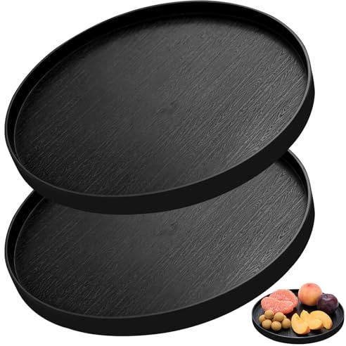 Piuluvor® 2 STK Deko Tablett Rund, 30cm Dekotablett Schwarz Dekoteller Rund | Serviertablett Groß mit 4 Anti Rutsch für Partys, Wohnungen, Bars und Restaurants (Schwarz)