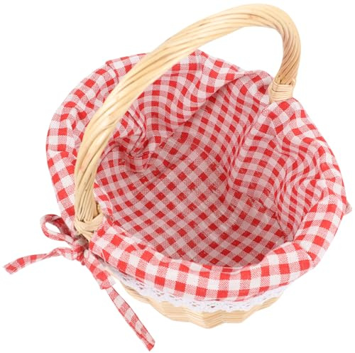 Hemobllo Kleiner Weidenkorb mit Henkel - Picknickkorb Kinder & Blumenmädchenkorb - Geflochtener Korb Rot-Weiß Kariert für Ostern, Rotkäppchen Kostüm, Obst & Hochzeitsdeko (30x25x21cm)
