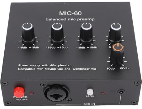 LEEZAD Preamplificador de Micrófono, Entrada y Salida XLR de 3,5mm y 6,5mm Ganancia de 60Db Condensador y Preamplificador de Micrófono Dinámico con Alimentación Fantasma de 48V