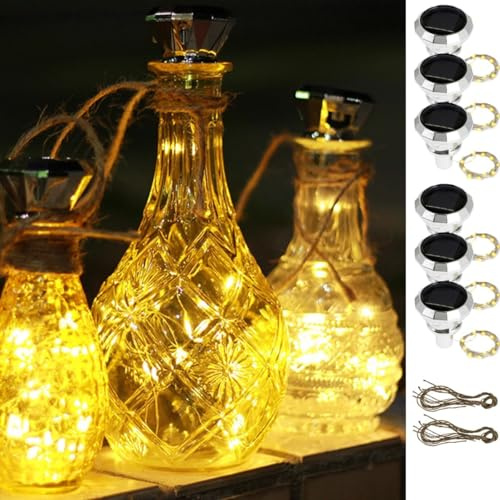 6Pcs Solar Wine Bottle Lights 20 LED Solar Bottle Fairy Light with Cork, 2M Copper Wire Outdoor Waterproof Cork Lights for Bottles Auto On/Off Decorative Lamp for Christmas Party Festival (Warm)