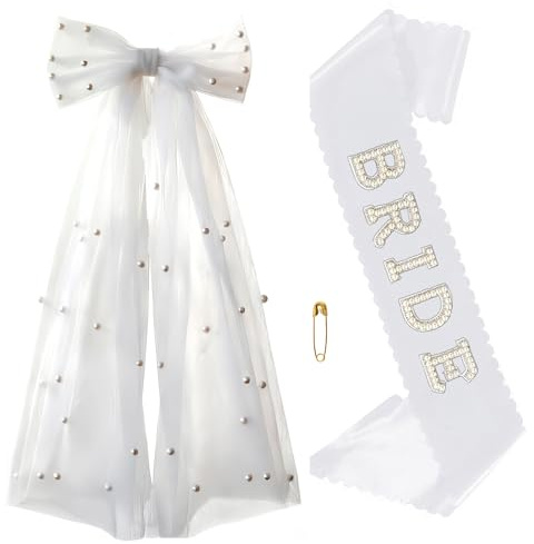 2 Stück Bride To Be Schärpe und Schleier Haarschmuck Set mit Perlen Tüll | für JGA Frauen Accessoires, Junggesellenabschied, Bachelorette Party, Hochzeit Damen Mädchen Party Geschenk