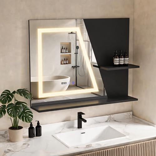 YU YUSING Specchio Bagno LED 80x60 cm con 2 Ripiani, Specchio da Parete con Led, 3 Colori, Luce Regolabili, Contro Touch, Display dell'Ora e Temperatura, Antiappannamento, IP44, Moderno, Nero