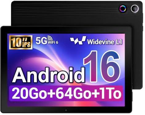 Tablette 10 Pouces Android 16 Tablette 5-Core Tablette, Widevine L1 20Go + 64 Go + 1 to TF, WiFi 6 BT 5.3 Batterie 6000 mAh, Transmission OTG, Déverrouillage du Visage, Prise Casque Type C (Noir)
