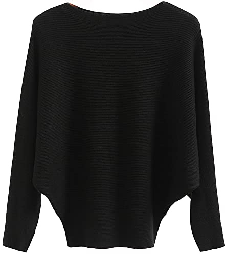Ckikiou Womens Lightweight Oversized Boat Neck Sweaters Tops Dolman Batwing Sleeve Ribbed Knitted Pullovers Black