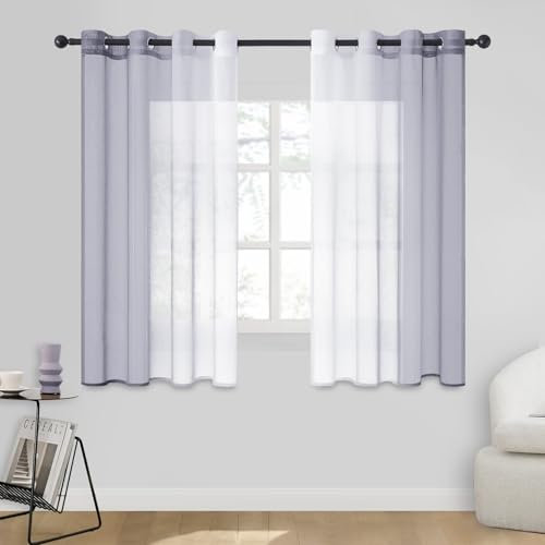 CUTEWIND Gardinen Kurz Farbverlauf Vorhänge mit Ösen Transparente Gardinen Tüll und Voil Dekoschal für Fenster Schlafzimmer Wohnzimmer 2er Set 137x138cm (HxB) Weiß Grau