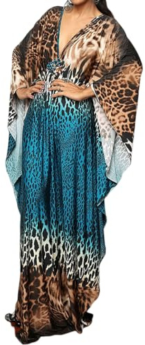Bsubseach Women Ethnic Print Kaftan Beach Dress Plus Size Swimsuit Cover Up Blue Coffee Leopard