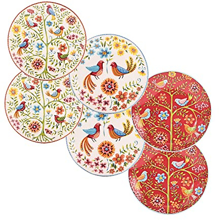 Bico Red Spring Bird 15cm Ceramic Appetizer Plate, Set of 6, for Salad, Appetizer, Snacks, Microwave & Dishwasher Safe