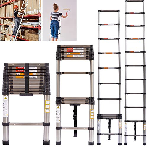 3.2m/10.5FT Telescoping Ladder Multi-Purpose Folding Stainless Steel Telescoping Ladder, Collapsible Loft Ladders, Retraction Extension Straight Ladder for Home, 330Lbs Capacity, EN131