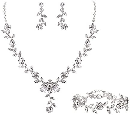 Clearine Damen Hochzeit Schmuck Set für Party Prom Blatt Cluster Blume Kristall Anhänger Halskette baumeln Ohrringe und Armband für Klar Silber Ton