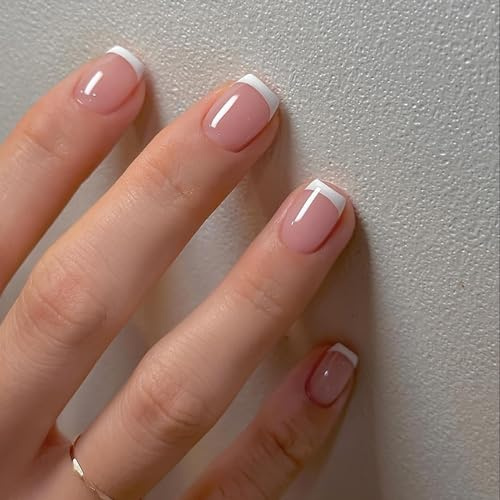 24 Stück Nägel Zum Aufkleben Kurz Square, French Press on Nails Nude Rosa Kunstnägel Fingernägel zum Aufkleben mit Weiß Rand, Natürliche Acryl Full Cover Künstliche Nägel für Frauen und Mädchen