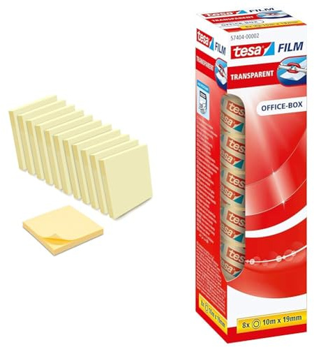 WAYTEX Haftnotizen, selbstklebend, 12 Blöcke à 100 Blatt, 75 x 75 mm, Gelb & tesafilm transparent - Transparentes Klebeband