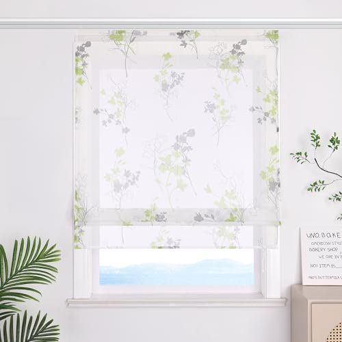 ESLIR Raffrollo Modern Raffgardine mit Klettband Gardinen Küche Transparent Bändchenrollo mit Klettschiene Wohnzimmer Grün BxH 100x140cm 1 Stück