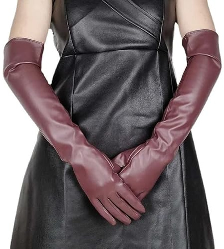 DyLyz Guanti Lunghi in Pelle Verniciata da Donna - Guanti Bordeaux Lucidi, Caldi, da Guida e da Sposa, Fino al Gomito per Serate e Cosplay Halloween