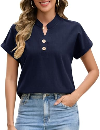 UMIPUBO Blusas Mujer Verano Manga Corta Cuello en V Camisas con Botón Elegante Camisetas Suelta Blusones Casual Básica Camisa Moda T Shirts Tunic Tops (Azul Marino, L)