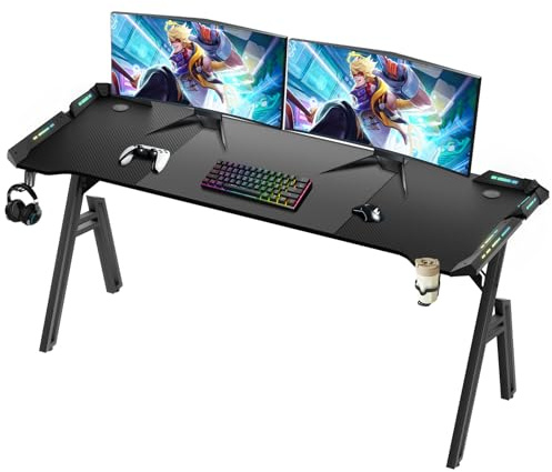 Scrivania Gaming LED，160 x 60cm Scrivania per Compute, Tavolo Gaming Ergonomica con Piano in Carbonio - Scrivania per Computer con Portabicchieri e Ganci per Cuffie, Tavolo Da Gioco PC Gamers