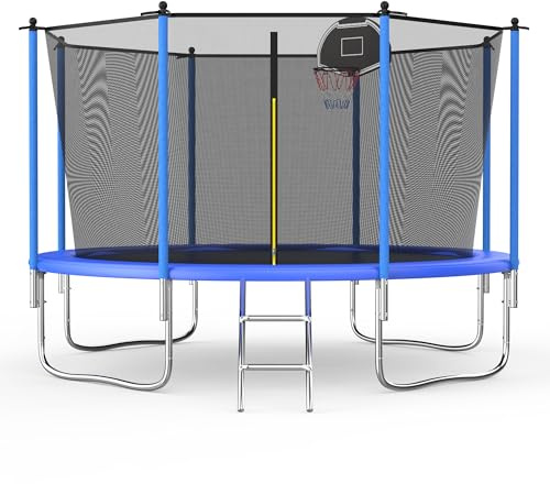 Redkid, Trampolin Outdoor Ø 305/366 cm Trampolin, Kindertrampolin, Gartentrampoline mit Sicherheitsnetz, Leiter, Basketballkorbbrett, Belastbarkeit 440 Pfund, Blau (366cm)