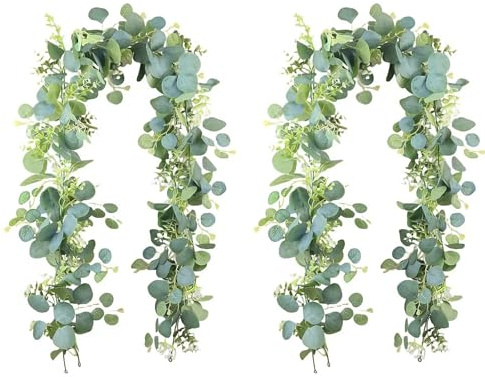Eukalyptus Girlande Deko, 2 Stück 1,8m Künstliche Eukalyptus Girlande mit Weidenblättern Grüne Blätter Hängepflanze Deko Künstliche Pflanze für Hintergrund, Hochzeit Bogen, Tischdeko