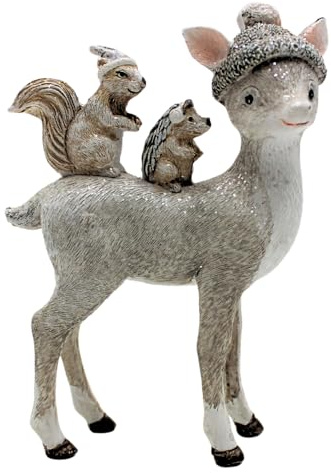 Dekohelden24 Decorazione a forma di cervo, renna decorativa con berretto, figura di cervo, figura di renna, REH con cappello e riccio seduto su di esso e scoiattolo in ceramica glitterata in bianco; L