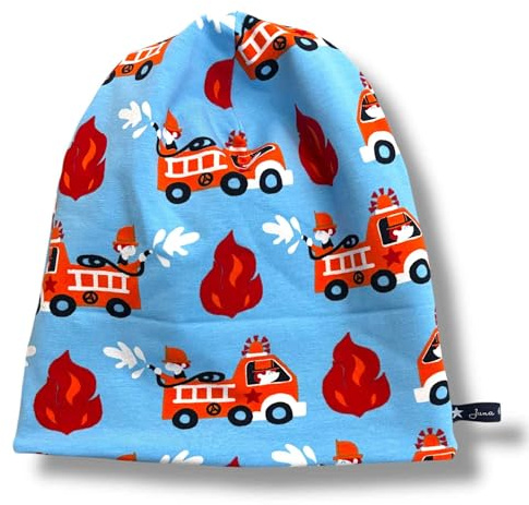 Juna Kindermode Beaniemütze Feuerwehr Leiterwagen Motivstoff Rot Hellblau Blau Jersey 37 39 41 43 45 47 49 51 53 55 Baby Kleinkind Kind Beanie Wendemütze Kindermütze