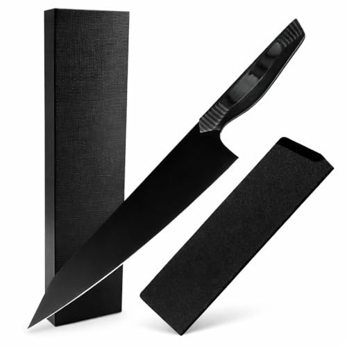 Coltello Professionale Nero Opaco – Lama Ultra Affilata in Acciaio Inox rivesita in titanio, Design Moderno Antiscivolo | Precisione per Carne, Verdure e Pesce.