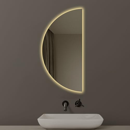 ZYBOWAYL Grande Specchio da Trucco LED Intelligente a Mezzaluna con 3 Colori di Luce, Specchio Decorativo da Parete Antiappannamento HD a Prova di Esplosione(Right Cut,80x40cm)