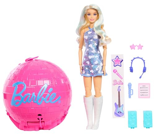 Barbie Team Barbie Roll and Reveal-popstjärnedocka och tillbehör med blond modedocka och 8 överraskningar samt en diskokula med innehåll, JMK19