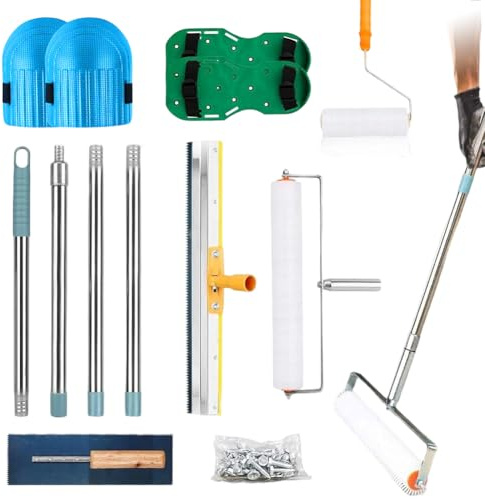 Bodenbeschichtung Entlüftungsroller Set, Epoxidharz Bodenbeschichtung Tool | Stachelwalze Ausgleichsmasse | Entlüftungswalze | 30 mm Nagelschuhe | Zahnhöhe 5mm Edelstahl Stehrakel | EVA-Knieschutzpad