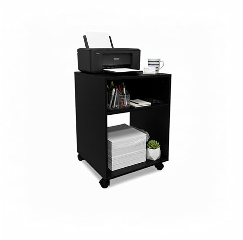 Baroni Home Carrello Ufficio con 4 Rotelle Girevoli a 360°, Mobiletto Organizer per Stampante e Cancelleria, Struttura in MDF Resistente, Montaggio Facile, 35x40x55 cm 2 Scomparti Nero