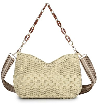 HomKuch Bolso Crossbody de paja de verano chic tejido bolso de hombro de las mujeres con cadena desmontable
