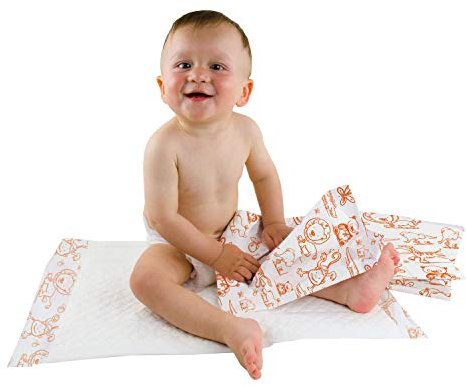 Teqler Baby-Wickelunterlagen: Wickelunterlagen mit verschiedenen Motiven für unterwegs, hygienisch mit Superabsorber 40 x 60 cm (50-er Pack)