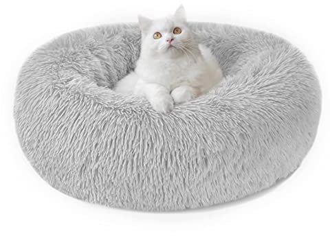 Nepfaivy Katzenbett Hundebett Flauschig Rund - Donut Kuscheliges Katzenkissen Katzenkorb Waschbar S/M/L/XL/XXL für Kleine, Mittelgroße und Große Katzen, Hunde und Andere Haustiere (M-50cm, Hellgrau)