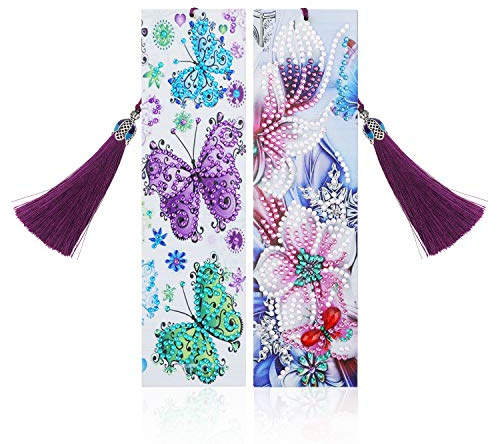 (2er Pack) VETPW 5D DIY Diamant Malerei Lesezeichen, Malen Nach Zahlen Kit, Diamond Pasted Painting Bookmarks, Stickerei Malerei Quaste Leder Lesezeichen Set -Schmetterling und Blume