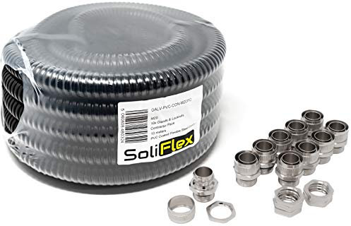 Outdoor Flexible Metal Cable Trunking | Galvanised PVC Coated Conduit Contractor Pack (IP54) 10M Coil - Underground Burial, Garden Ducting w/Fittings - 10 Glands and Locknuts