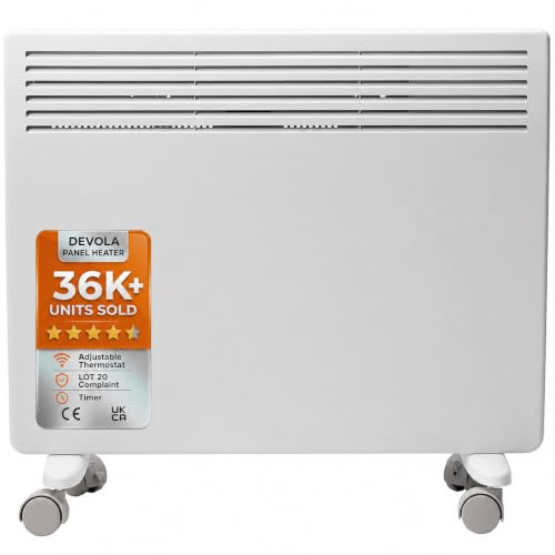 Devola 1.5kW Slim Electric Panel Heater, Wall Mounted & Freestanding Heater | Energy Efficient Heater, Lot 20 compliant, Adjustable Thermostat, Plug in Low Energy Heater with 24 Hr Timer, White (DVNDM15)