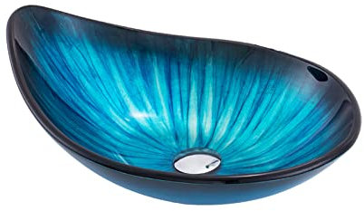 Ksunun Waschbecken Tropfenform Gehärtetes Glas Aufsatzwaschbecken Modernes Design Handwaschbecken mit Messing Ablaufgarnitur und Montagering, Aufsatz Waschschale für Bad,E
