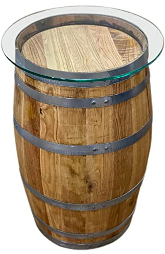 Temesso Holzfass, neues Fass aus Kastanienholz geölt H 79cm als Beistelltisch - mit Glasplatte (Platte D: 50 cm)