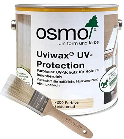 OSMO Uviwax UV-Protection Farblos Seidenmatt 7200 2,5l + Flächenstreicher Pinsel Gratis, Einzigartiger UV-Schutz für Innenräume!