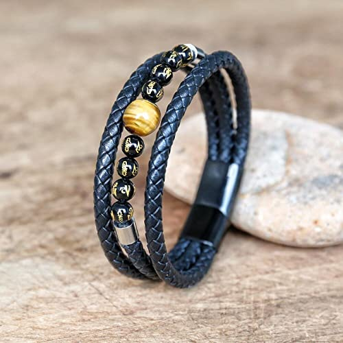 Handgjord natursten läder rostfritt stål herrarmband tre lager läder män armband smycken, A247,19 cm
