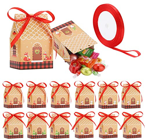 MELLIEX 12 Stück Geschenkbox Weihnachten, Klein Geschenkkarton Pralinenschachtel Süßigkeiten Box mit Bänder für Weihnachts Geschenkverpackung
