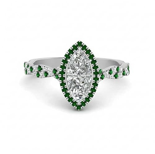 Gemsonclick Bague Halo de Diamants Marquise torsadée Argent Sterling Émeraude créée Marquise façonner Bagues de fiançailles Halo réglage de la Broche Taille 59