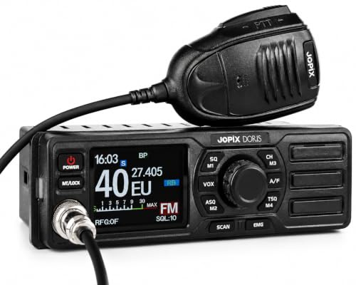 Jopix Doris Emisora CB 27 MHz Multinorma Am/FM - Tamaño Ultra-Reducido (6cm), Altavoz Frontal, Pantalla Color, 12/24V y Soporte DIN