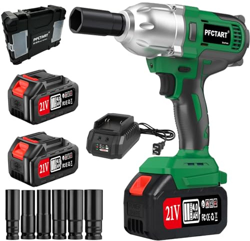 PFCTART 1/2 Inch 800Nm Brushless Impact Wrench Kit, 2x4.0Ah Batteries, 6 Sockets, Storage Tool Box for Car Tire Truck RV