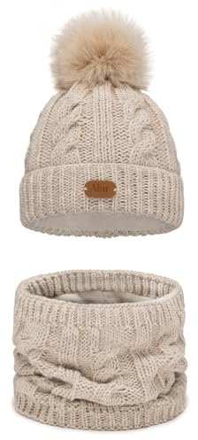 Alur Mütze Kinder Unisex Beanie mit Loop Schal Set Wintermütze Strickmütze mit Bommel - Warme Elastisch Elegant Winter Mütze Schal Eko Bommelmütze - Weiches Garn Stilvoll Warm (Beige)
