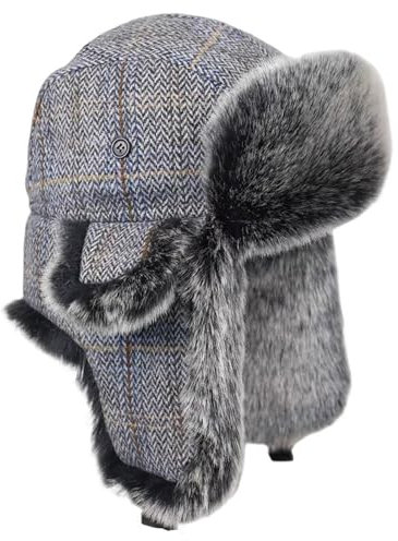 Heavyoff Unisex Warme Wintermütze Kunstfell Fliegermütze Winddicht Trappermütze mit Ohrenklappen Fischgräten Tweed Grau Mittel
