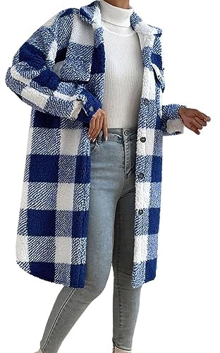 DABAOK Vestes d'hiver pour femme - Manteau long ample en laine à carreaux - Revers vers le bas - Vestes d'hiver 1 4