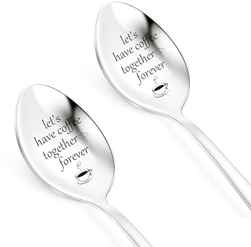 Engraved Coffee Spoons, PBIEHSR 2 Pcs Stainless Steel Tea Spoon Dessert Spoons for Stirring Drink Mixing Milkshake Jam (Let's Have Coffee Together Forever)