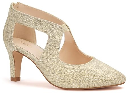 ChicSteps Damen-Pumps, bequeme geschlossene Zehenpartie, 7,6 cm, Kätzchen-Absätze, niedrige Absätze für Arbeit, Büro, Hochzeit und elegante Anlässe, elegante Schuhe für Damen, Gold, 42 EU