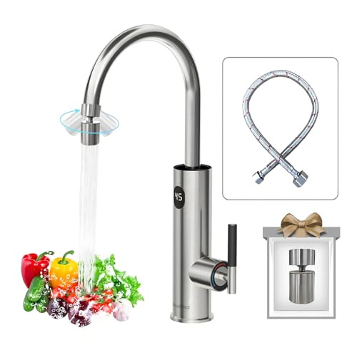 Briwellna elektrische wasserhahn 220V wasserhahn mit durchlauferhitzer 360 Grad Rotieren und Digitalanzeige,Warmwasserhahn mit Universelle Düse(Silber)