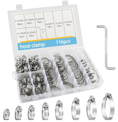 116 Pcs Stainless Steel Hose Clamps - Adjustable Jubilee Clips 8-44mm, Assorted Sizes, Worm Drive Pipes, Tube Joining Clips with Screwdriver for Water, Automobile & Gas Pipes