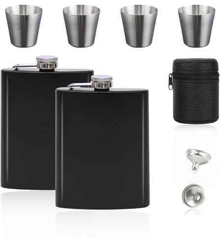 Xmart 2 Pezzi Fiaschetta Tascabile 224ml Fiaschetta per Liquori Portatile Fiaschette in Acciaio Inossidabile Viene Fornito con 4 Tazze Piccole 2 Imbuti e 1 Borsa con Cerniera